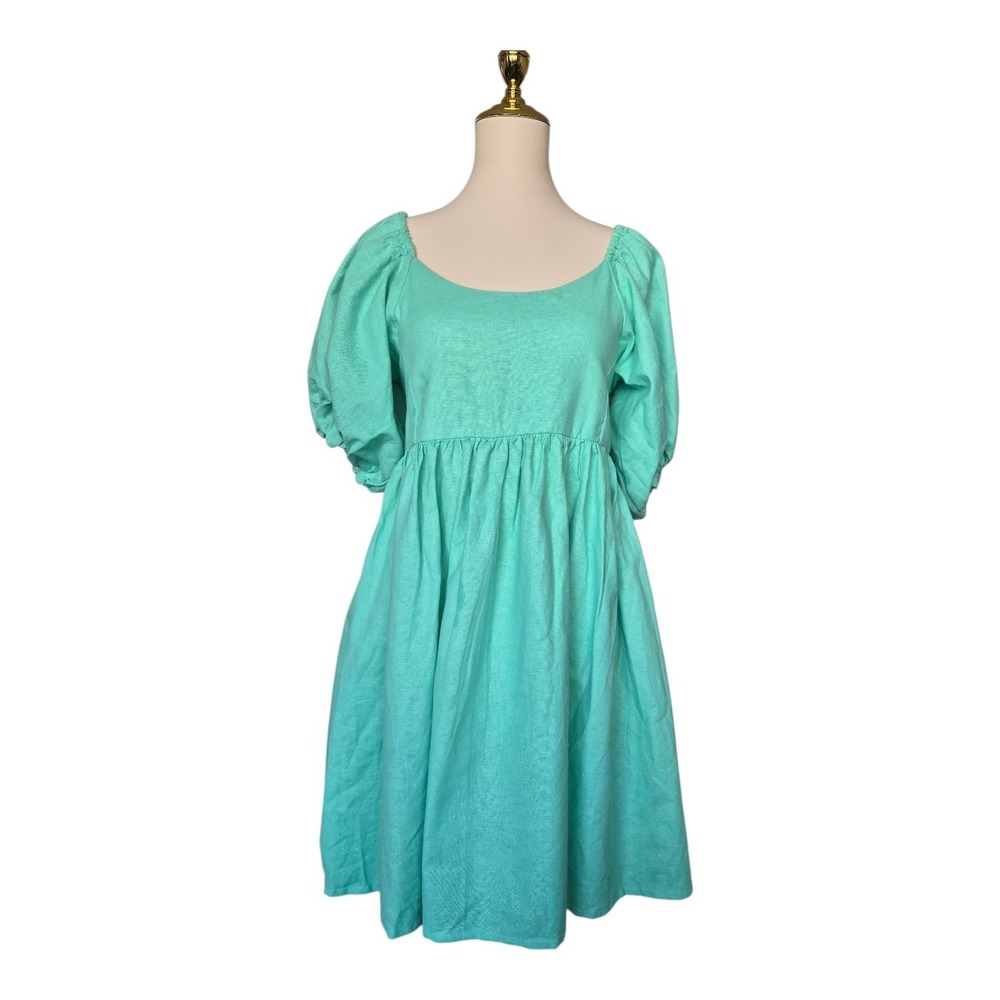ELF Handmade 100% Linen Dress Puff Sleeve Babydoll‎ Mint Green Bali Artisan NWT